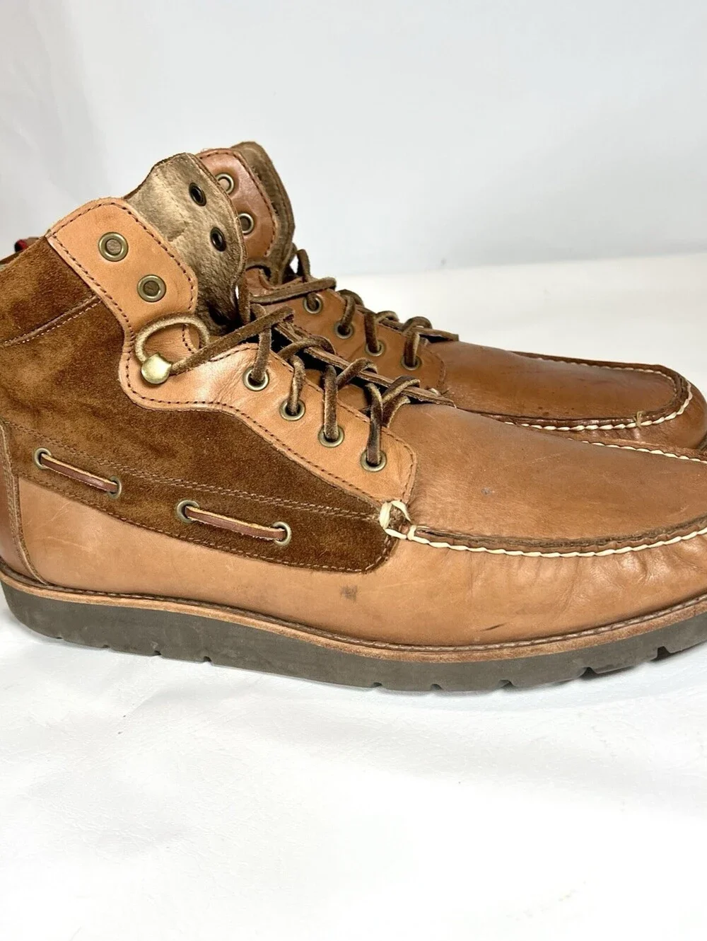 Polo Ralph Lauren Salisbury Mens 12 D Leather Suede Moc Toe Boots Tan Brown